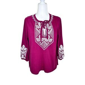 J. Crew Maroon Embroidered Tie Neck Tencel Cotton 3/4 Sleeve Tunic Top